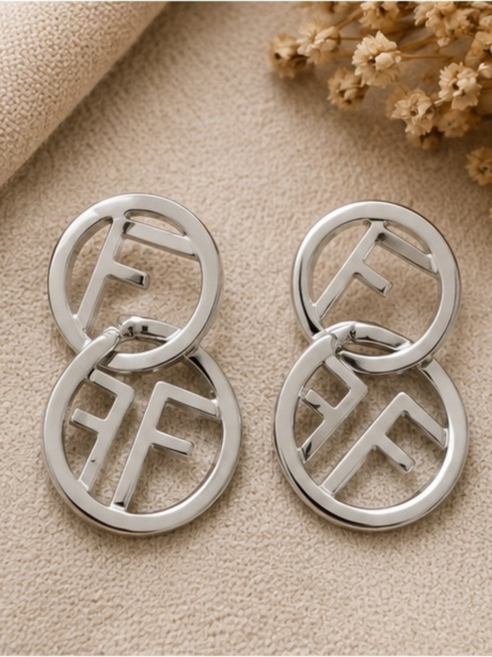 Silver Double Circle Monogram Drop Earrings - Designer Inspired